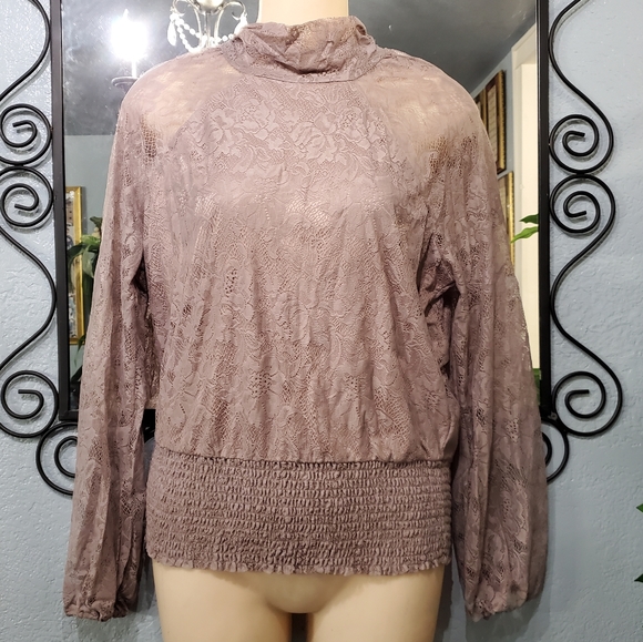 Eva Mendez New York & Co. Lace Longsleeved Smock Waist Top Blouse Size M - Picture 4 of 11